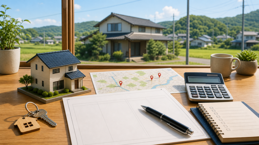 地方移住で戸建て購入の予算と立地を確認するイラスト