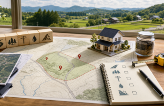 地方移住で土地購入前に接道や地盤やインフラを確認するイラスト