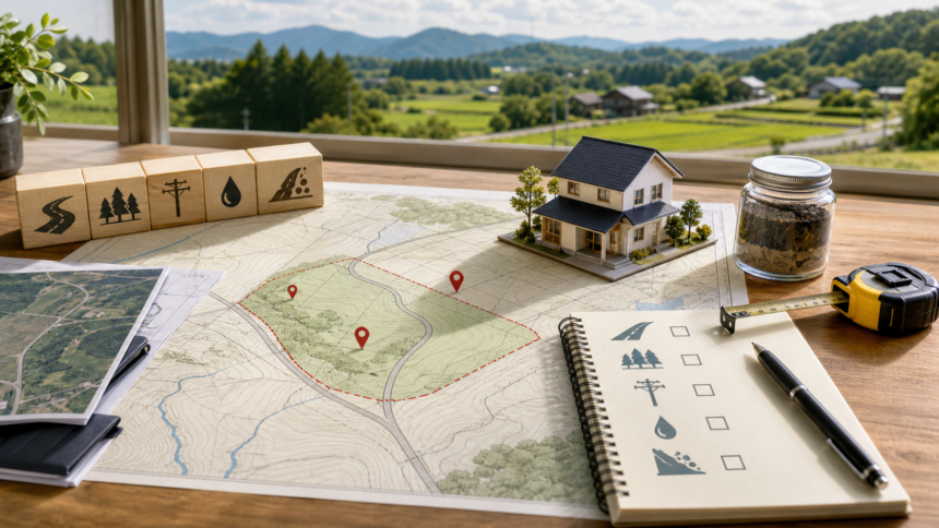 地方移住で土地購入前に接道や地盤やインフラを確認するイラスト