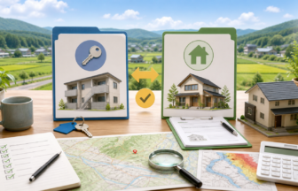 地方移住で賃貸と購入を比較して住まいを決めるイラスト