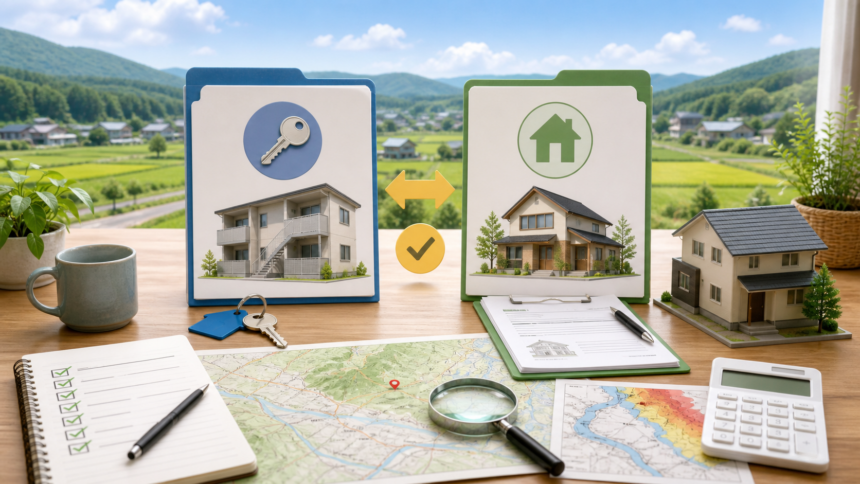 地方移住で賃貸と購入を比較して住まいを決めるイラスト
