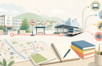 高校、駅、電車、進路アイコン、通学地図で高校進学を見据えた移住先選びを表したアイキャッチ