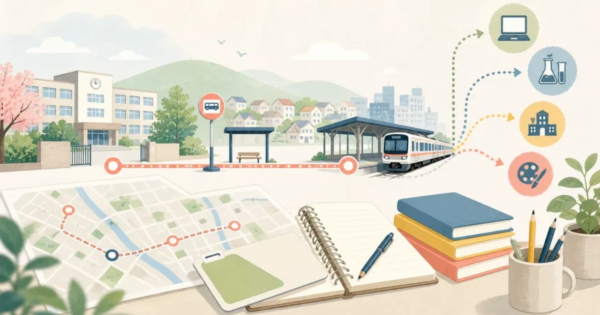 高校、駅、電車、進路アイコン、通学地図で高校進学を見据えた移住先選びを表したアイキャッチ