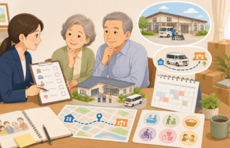 地方移住前にデイサービス、送迎範囲、訪問介護、見学チェックを相談する様子