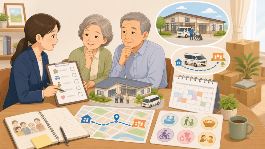 地方移住前にデイサービス、送迎範囲、訪問介護、見学チェックを相談する様子