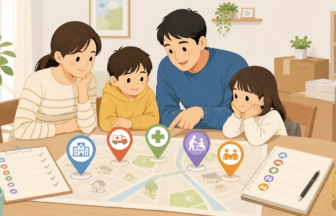 地方移住前に病院、救急、薬局、介護、福祉制度の確認先を家族で地図上に整理する様子