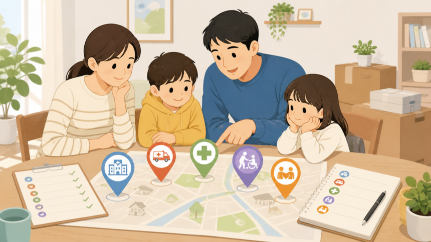 地方移住前に病院、救急、薬局、介護、福祉制度の確認先を家族で地図上に整理する様子