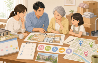 地方移住前に高齢家族の介護、住まいの動線、介護サービス、地域包括支援センターを家族で確認する様子