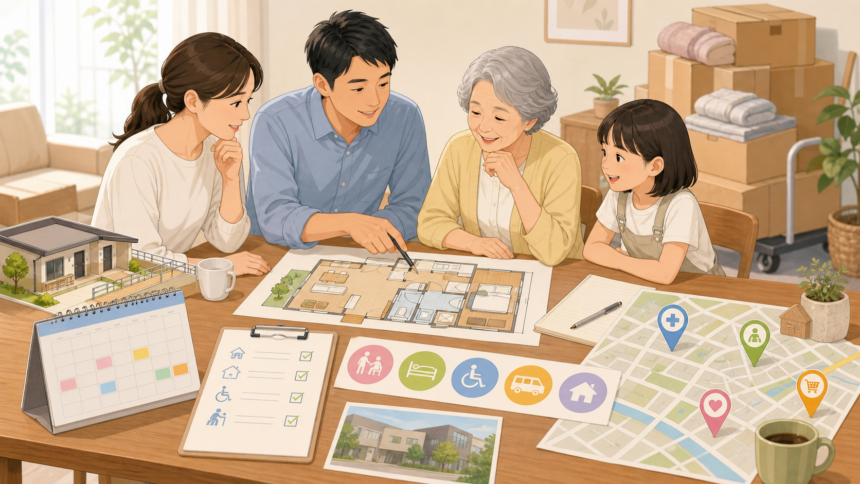 地方移住前に高齢家族の介護、住まいの動線、介護サービス、地域包括支援センターを家族で確認する様子