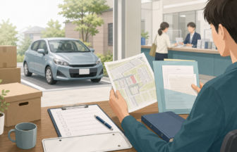 移住後の車検証住所変更と駐車場手続きを確認しているイラスト