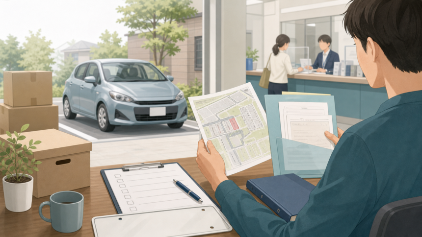移住後の車検証住所変更と駐車場手続きを確認しているイラスト