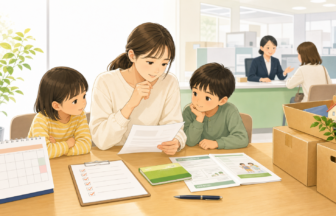 移住時の児童手当申請を親子で確認しているイラスト