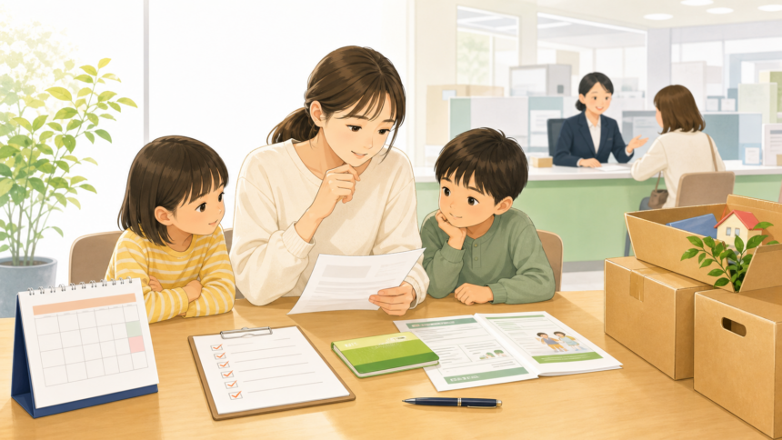 移住時の児童手当申請を親子で確認しているイラスト
