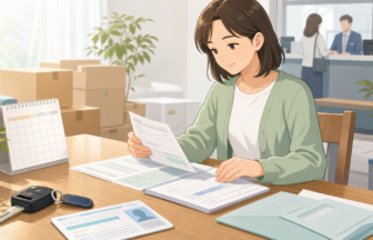移住後の運転免許証住所変更書類を確認しているイラスト