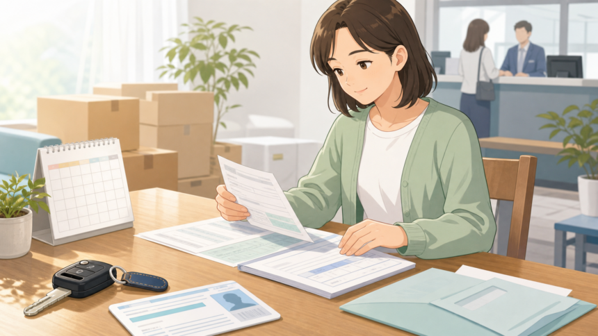 移住後の運転免許証住所変更書類を確認しているイラスト