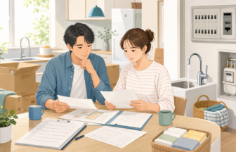 移住時に電気ガス水道の開始停止手続きを確認しているイラスト