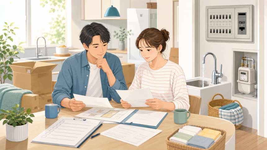 移住時に電気ガス水道の開始停止手続きを確認しているイラスト