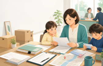 移住後の健康保険手続きを家族で確認しているイラスト
