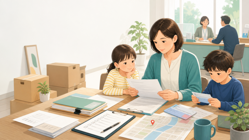 移住後の健康保険手続きを家族で確認しているイラスト