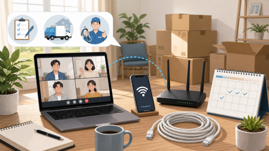 移住後のネット回線工事、ルーター、モバイル回線、開通予定を確認する机上のチェックリスト