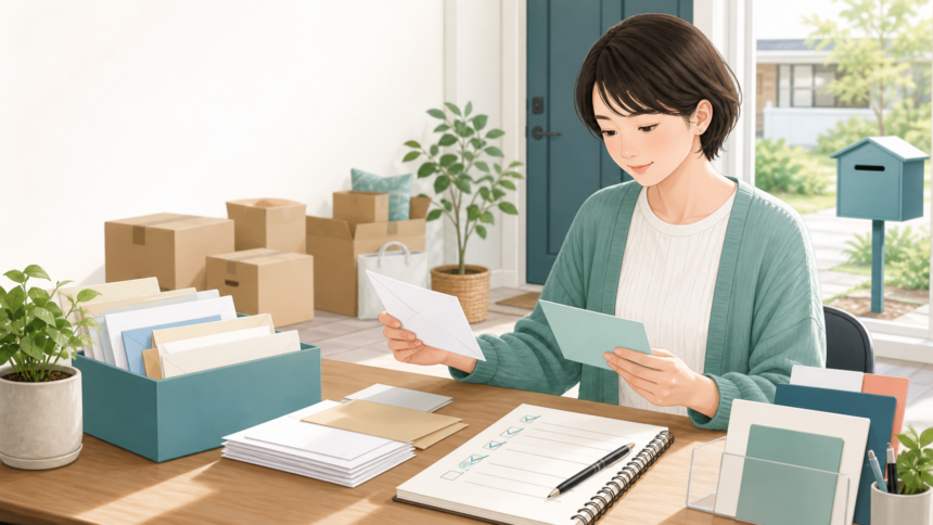 移住後の郵便転送と住所変更リストを確認しているイラスト