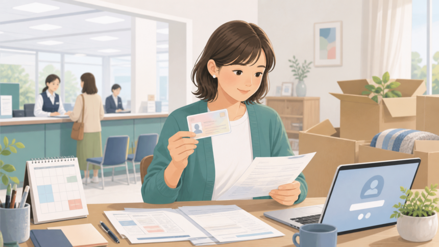 移住時のマイナンバーカード住所変更を確認しているイラスト