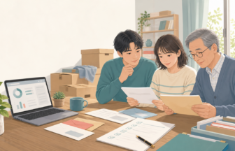 移住時の年金住所変更や通知書類を家族で確認しているイラスト