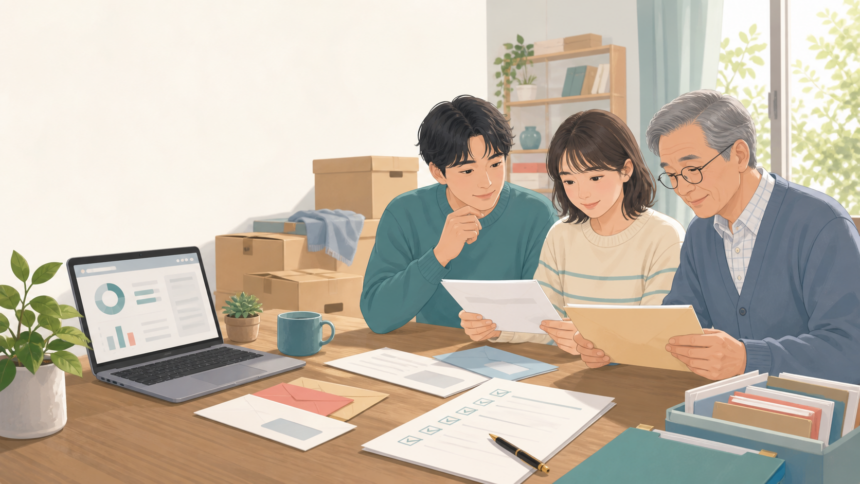 移住時の年金住所変更や通知書類を家族で確認しているイラスト