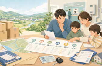 地方移住の手続きとライフライン工程表を家族で確認しているイラスト