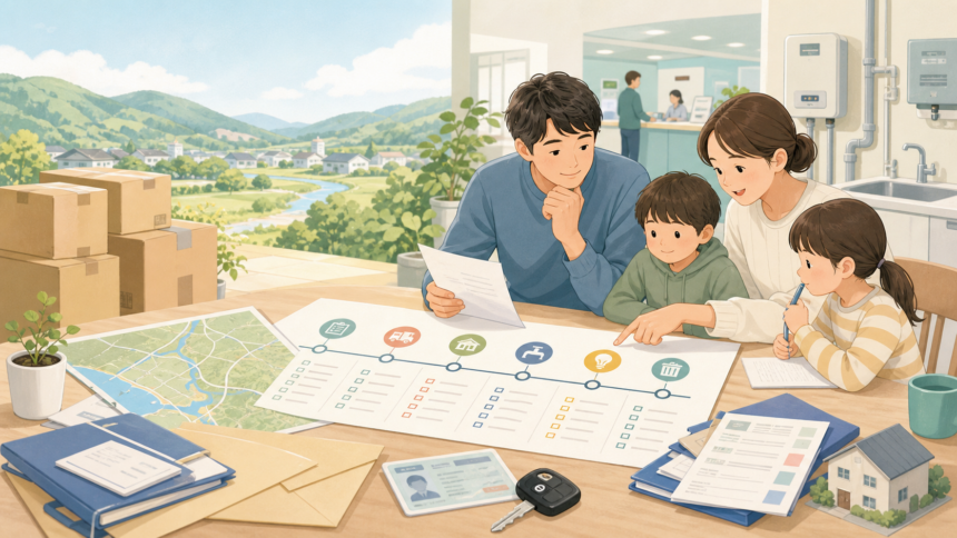 地方移住の手続きとライフライン工程表を家族で確認しているイラスト