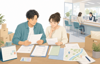 移住時の転出届と転入届を確認しているイラスト