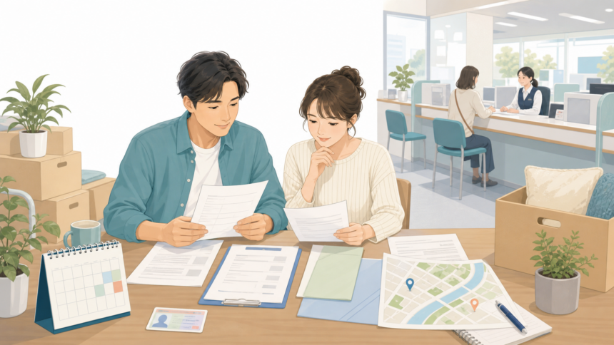 移住時の転出届と転入届を確認しているイラスト