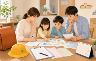 地方移住で転校と入園の書類、通学経路、学校と園への連絡を家族で確認する様子