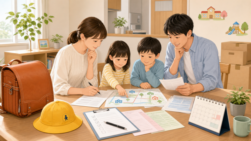 地方移住で転校と入園の書類、通学経路、学校と園への連絡を家族で確認する様子