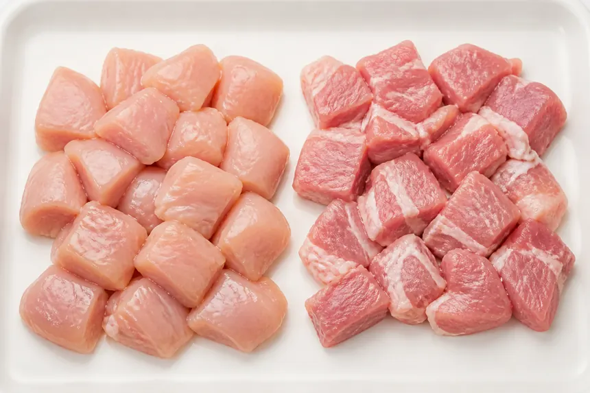 鶏肉と豚肉をひと口大に切り分けたイメージ