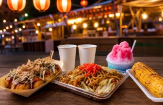 Japanese festival street food with takoyaki yakisoba shaved ice and corn