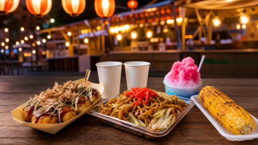 Japanese festival street food with takoyaki yakisoba shaved ice and corn
