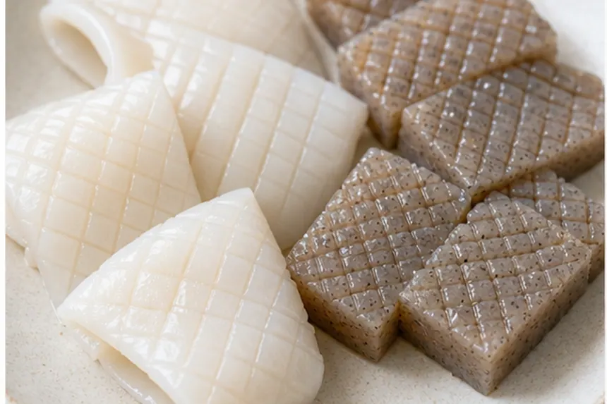 いかとこんにゃくに格子状の切り込みを入れたイメージ