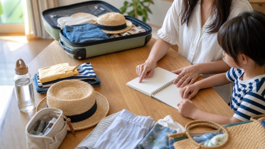 夏休み後半の旅行前に荷物と予定を家族で見直す様子
