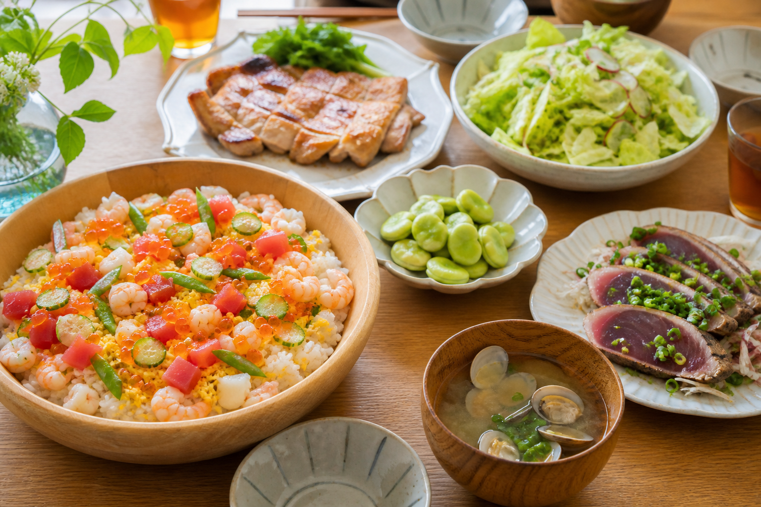 5月第1週のGWとこどもの日に向くちらし寿司、鶏の照り焼き、春キャベツ、そら豆、あさり、初鰹の食卓
