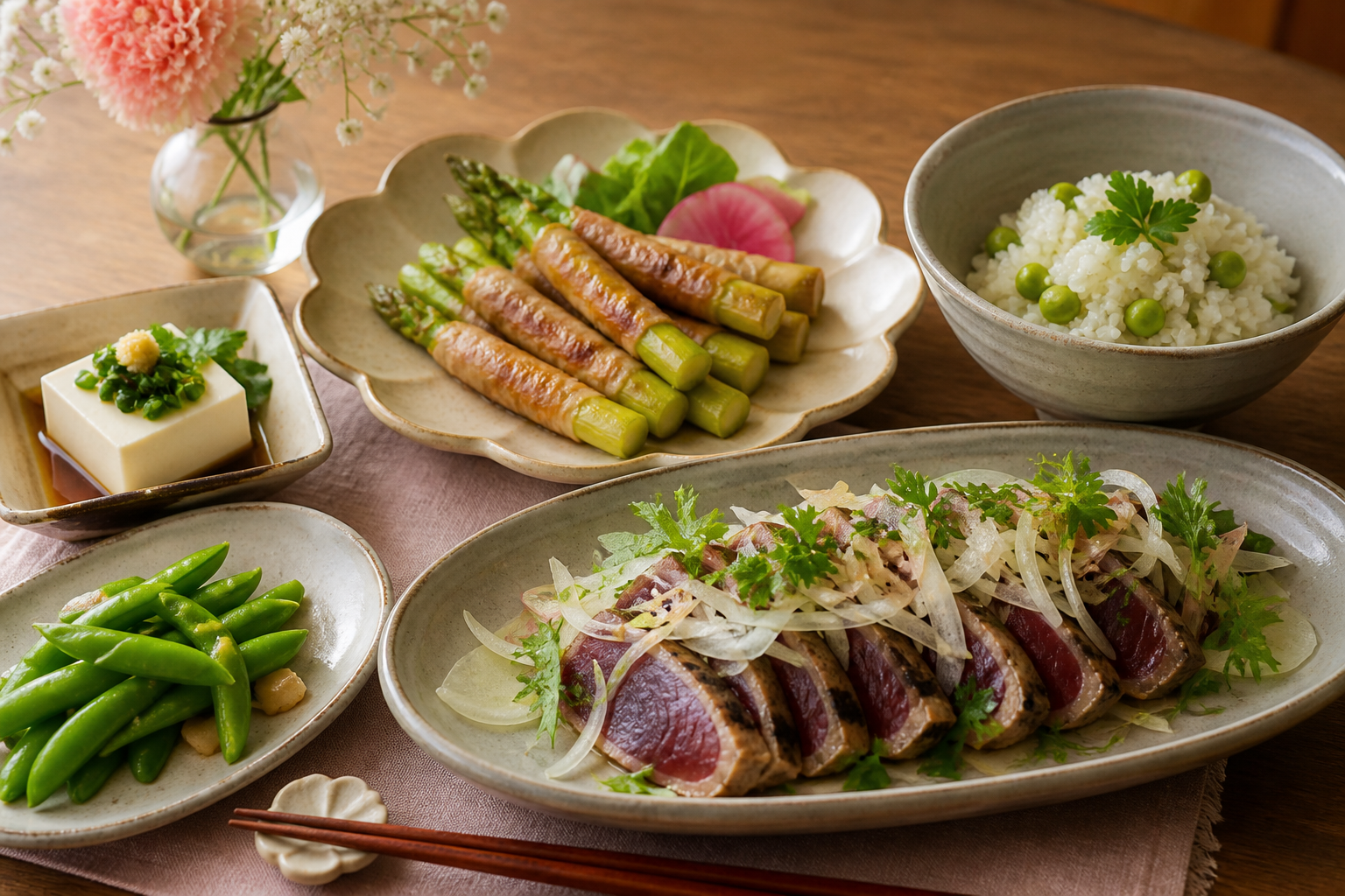 5月第2週の母の日に向く初鰹、アスパラガスの肉巻き、豆ごはん、スナップエンドウ、冷ややっこの食卓