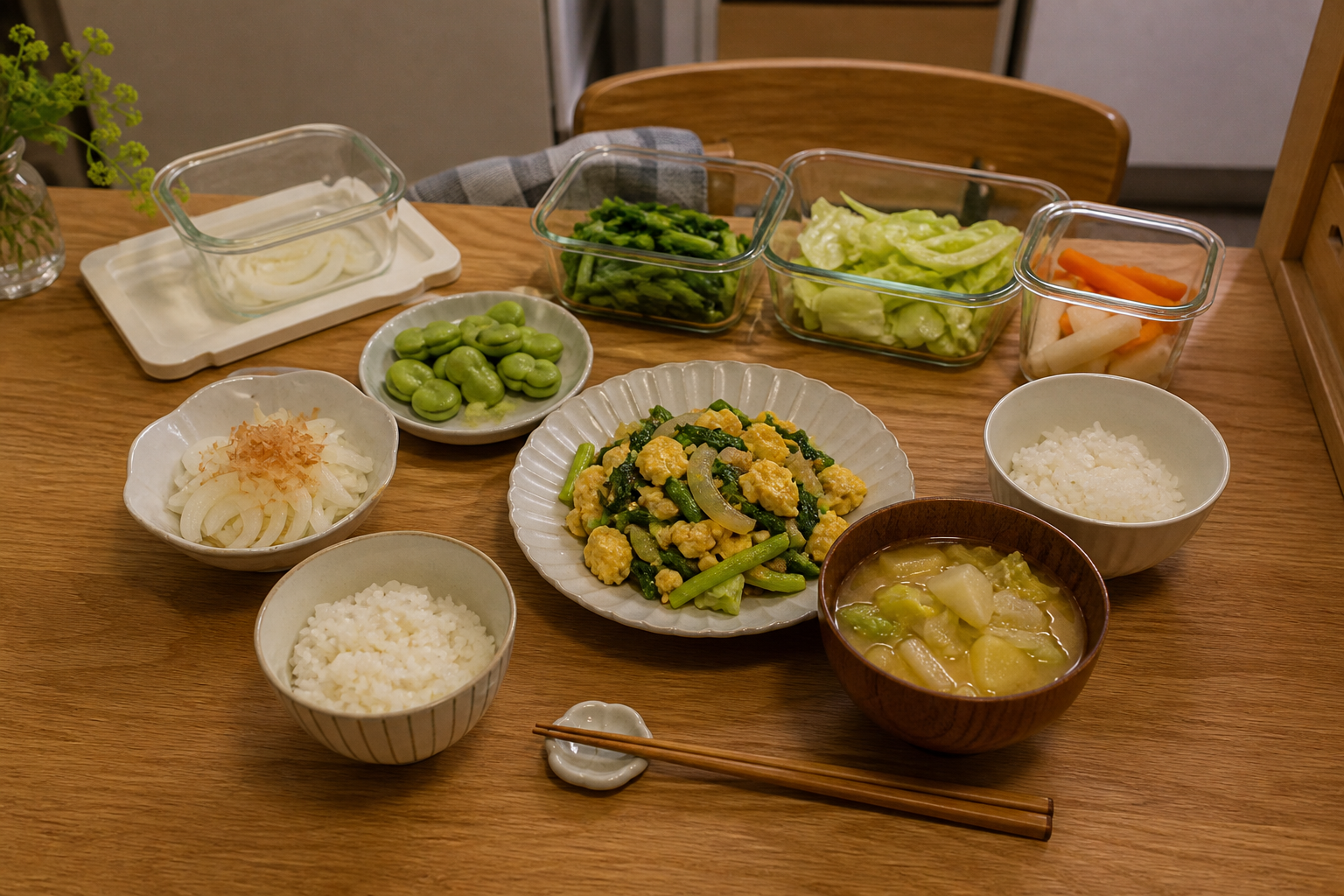 5月第3週の平日に向く残り野菜の卵炒め、春野菜の味噌汁、作り置き副菜、そら豆の食卓