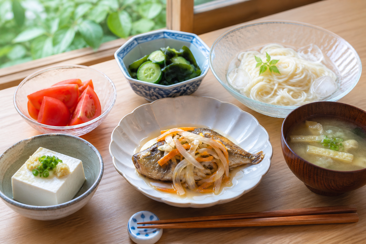 5月第4週の初夏に向くアジの南蛮漬け、きゅうりとわかめの酢の物、冷ややっこ、冷たい麺、トマトの食卓
