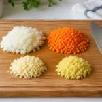 玉ねぎ・にんじん・にんにく・しょうがをみじん切りにしたイメージ