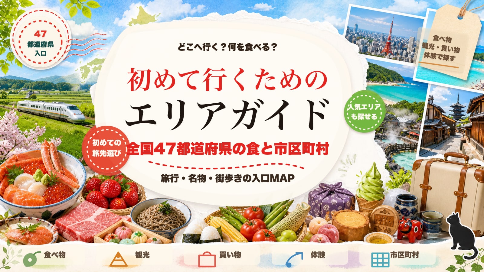 初めて行くためのエリアガイド 全国47都道府県の食と市区町村を案内する雑誌風バナー