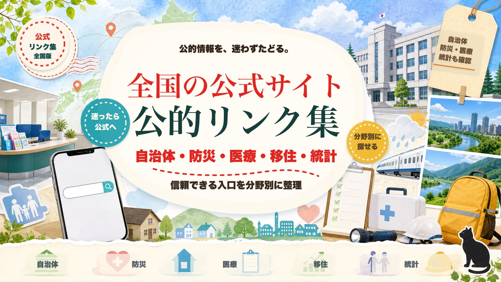 全国の公式サイト・公的リンク集 自治体・防災・医療・移住・統計を案内する雑誌風バナー