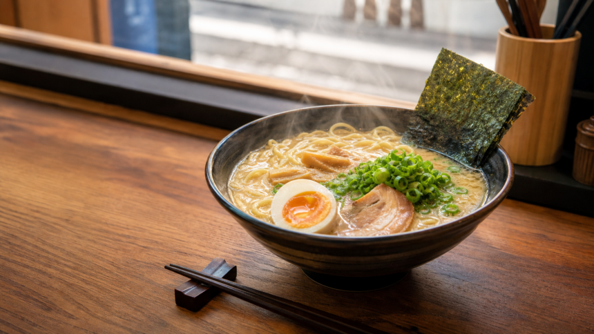 Bowl of ramen at a wooden counter in Japan