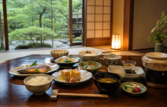 Traditional ryokan meal with rice miso soup grilled fish and small dishes in Japan