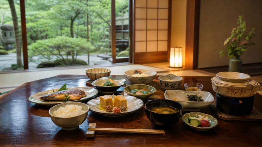 Traditional ryokan meal with rice miso soup grilled fish and small dishes in Japan