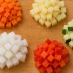 にんじん・じゃがいも・大根・きゅうり・パプリカをさいの目切りにしたイメージ